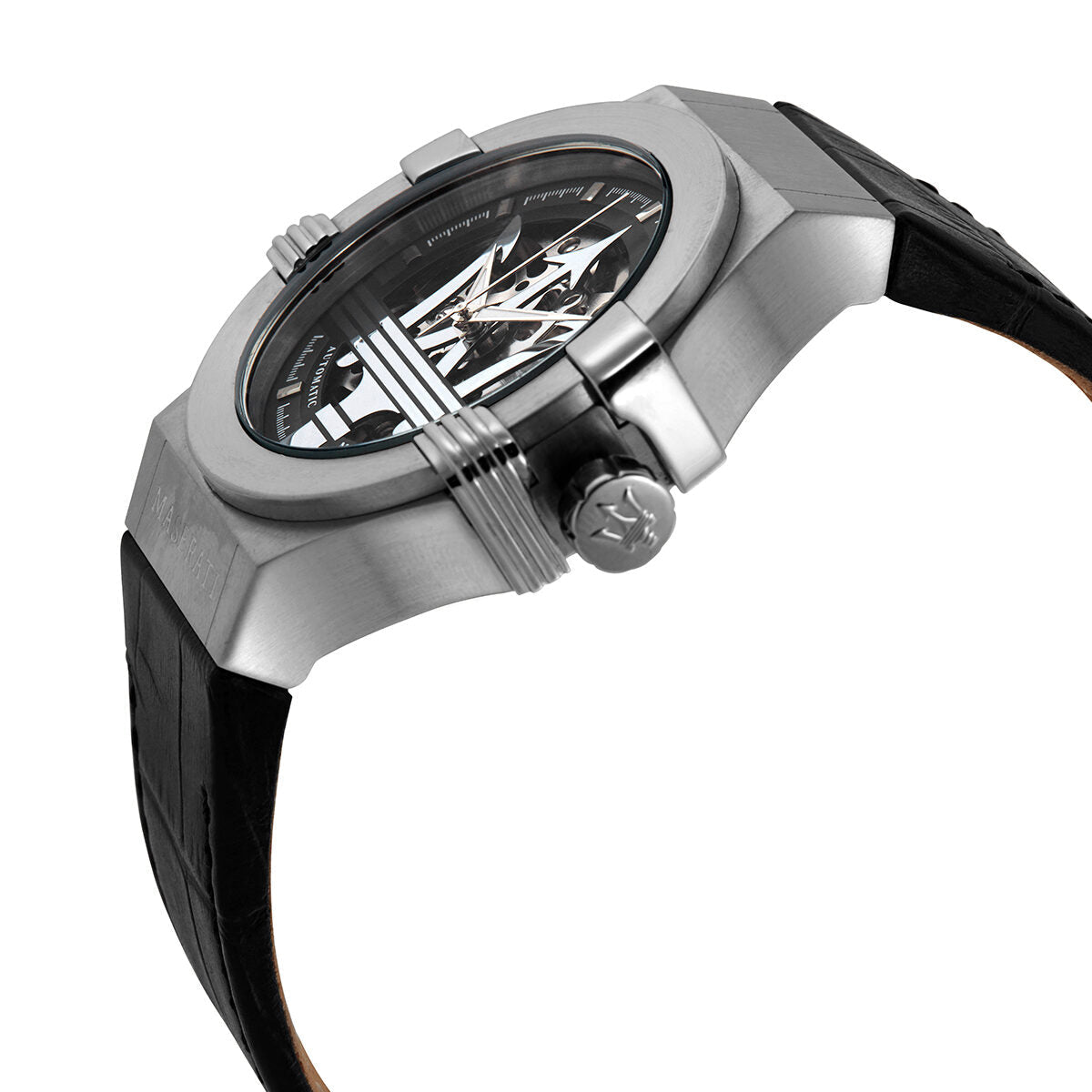 Maserati Potenza watch from side angle showing stainless steel case and skeleton movement