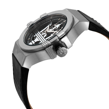 Maserati Potenza watch from side angle showing stainless steel case and skeleton movement