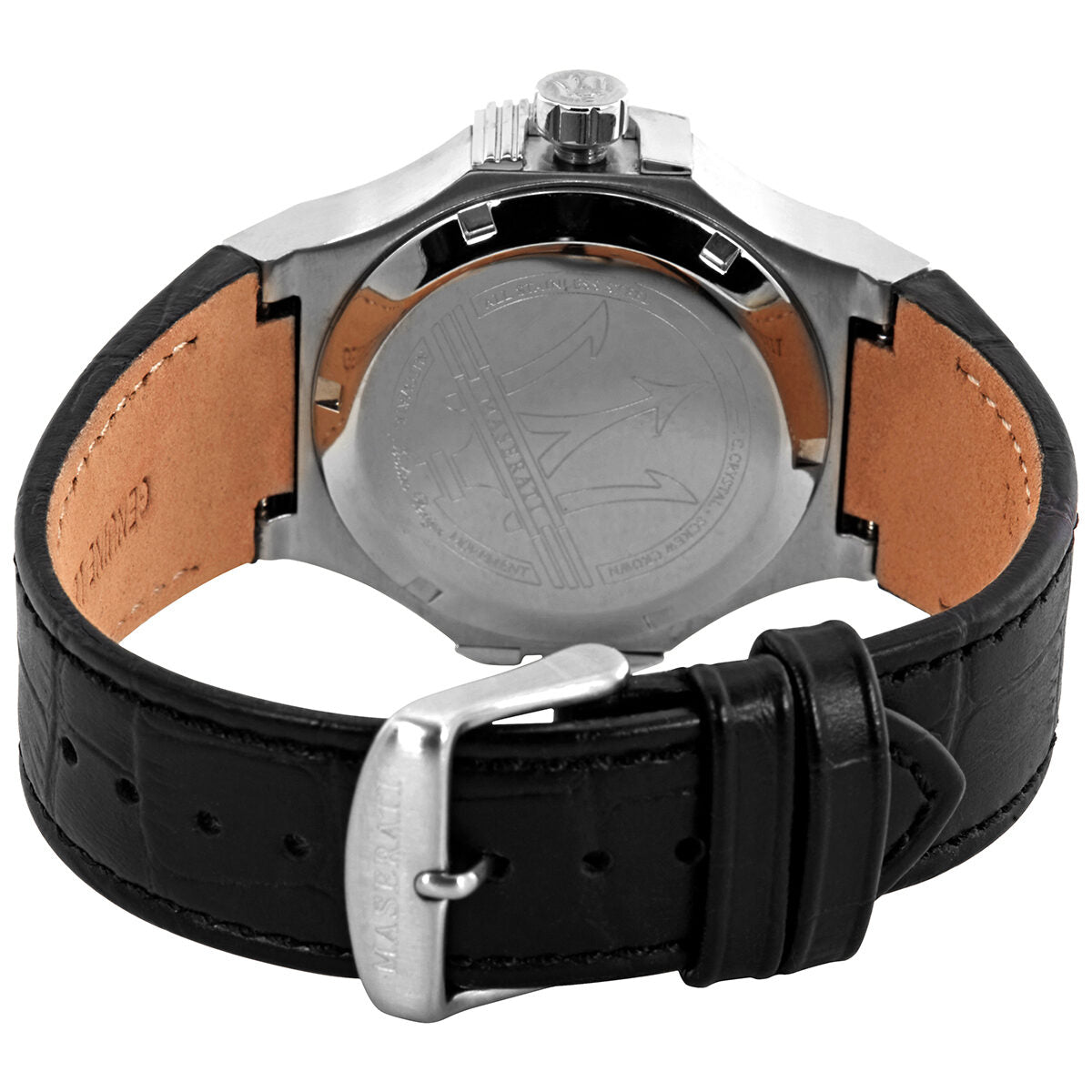 Maserati Potenza watch rear view displaying case back with leather strap and steel buckle