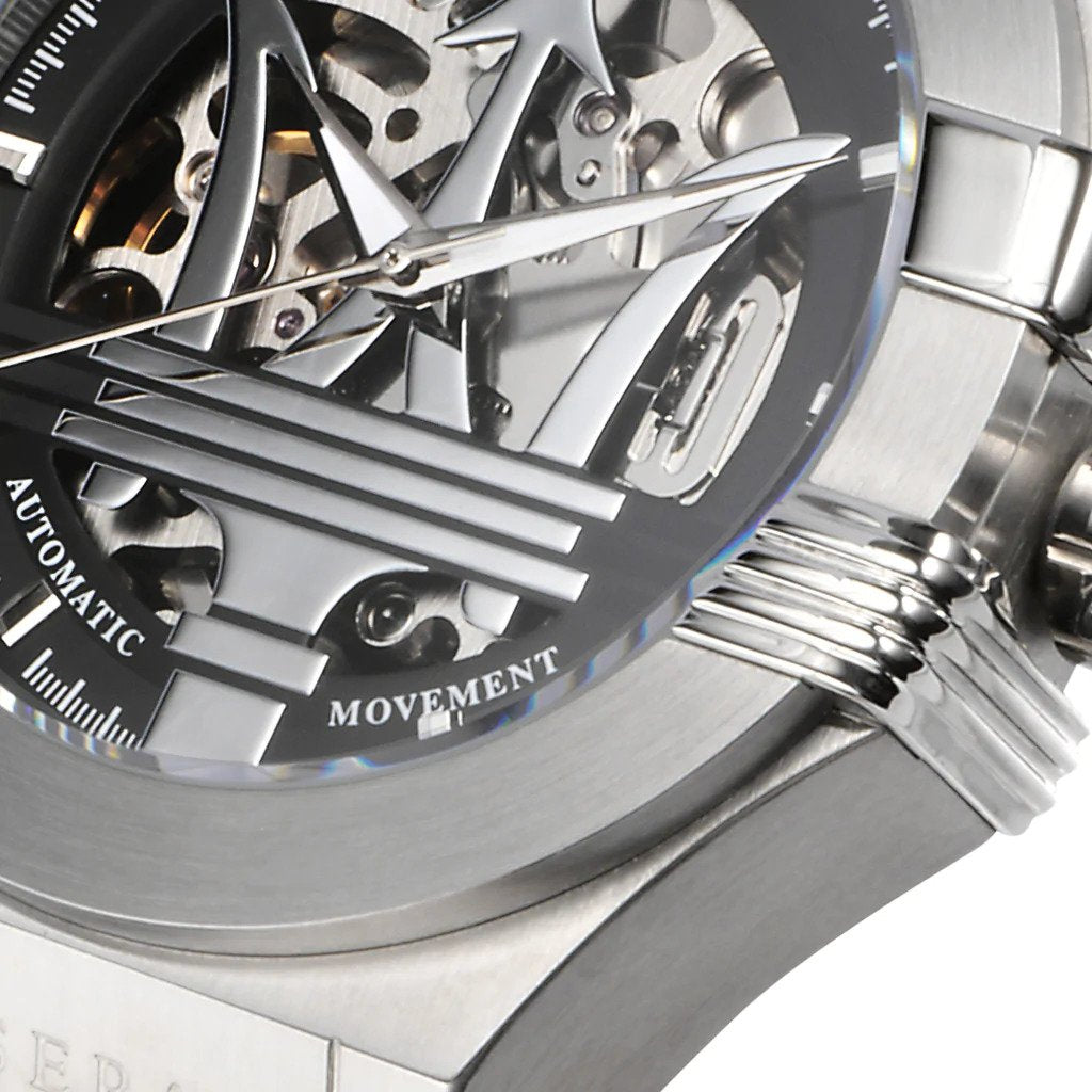 Close-up of skeleton dial showing automatic movement, markers, and hand details