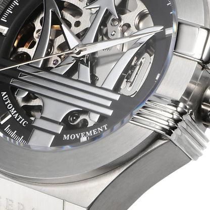 Close-up of skeleton dial showing automatic movement, markers, and hand details