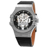 Maserati Potenza automatic watch with skeleton dial, stainless steel case, and black leather strap