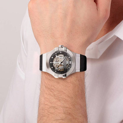 Maserati Potenza skeleton watch worn on wrist against white sleeve