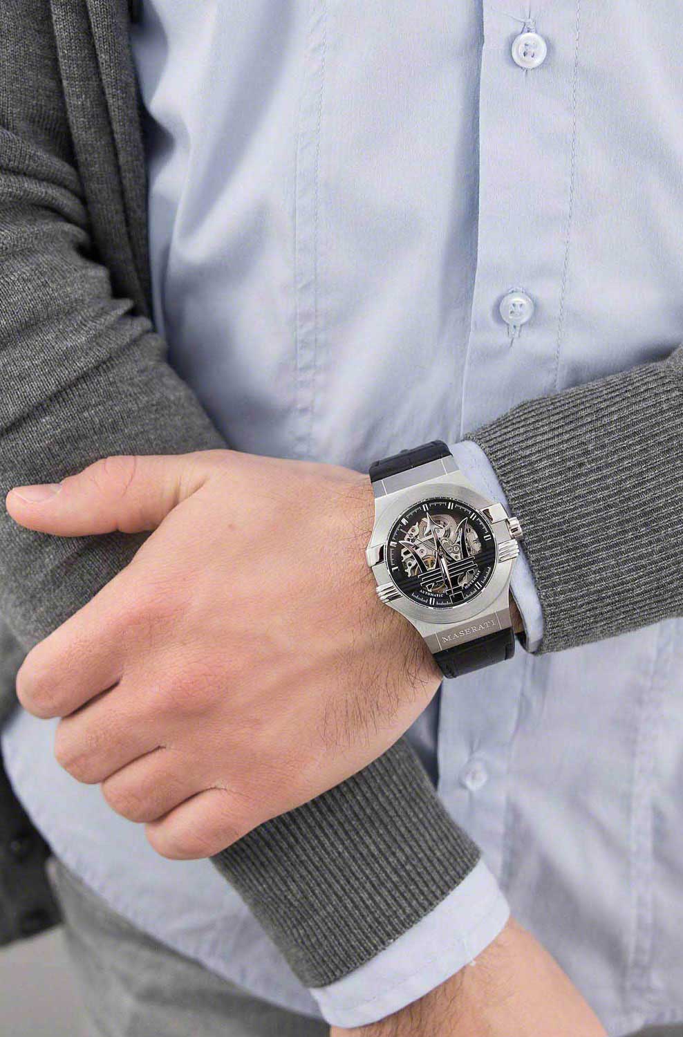 Maserati Potenza watch worn on wrist with button-up shirt