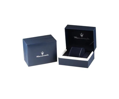 Maserati watch packaging with brand logo and presentation box