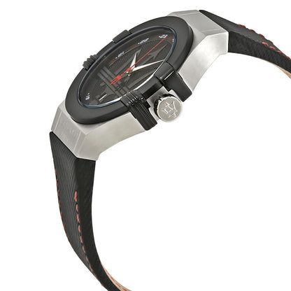 Maserati Potenza watch side view showing stainless steel case and black leather strap