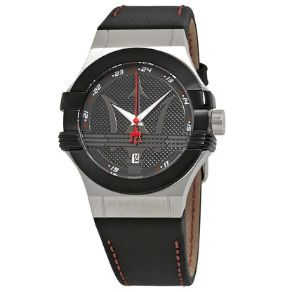 Maserati Potenza black dial watch with stainless steel case and black leather strap
