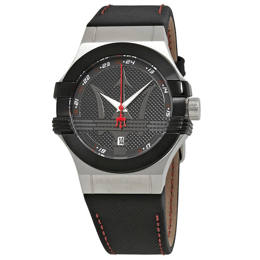 Maserati Potenza black dial watch with stainless steel case and black leather strap