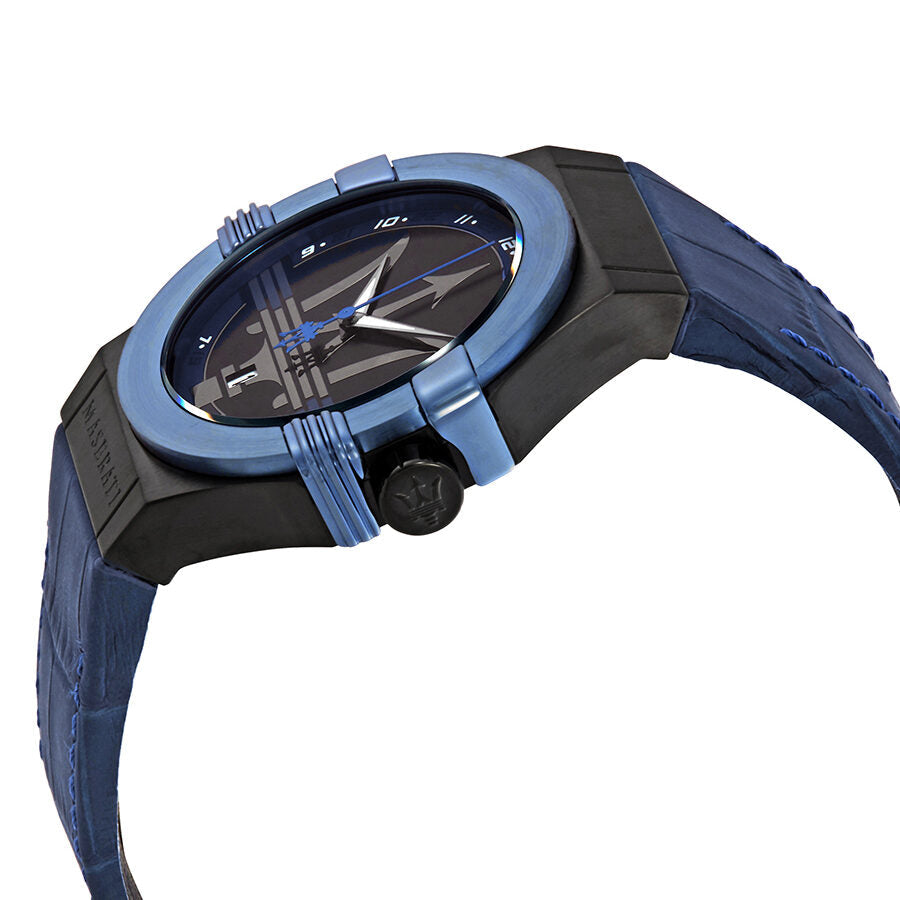 Side angle view of Maserati Potenza watch showing blue bezel and black dial