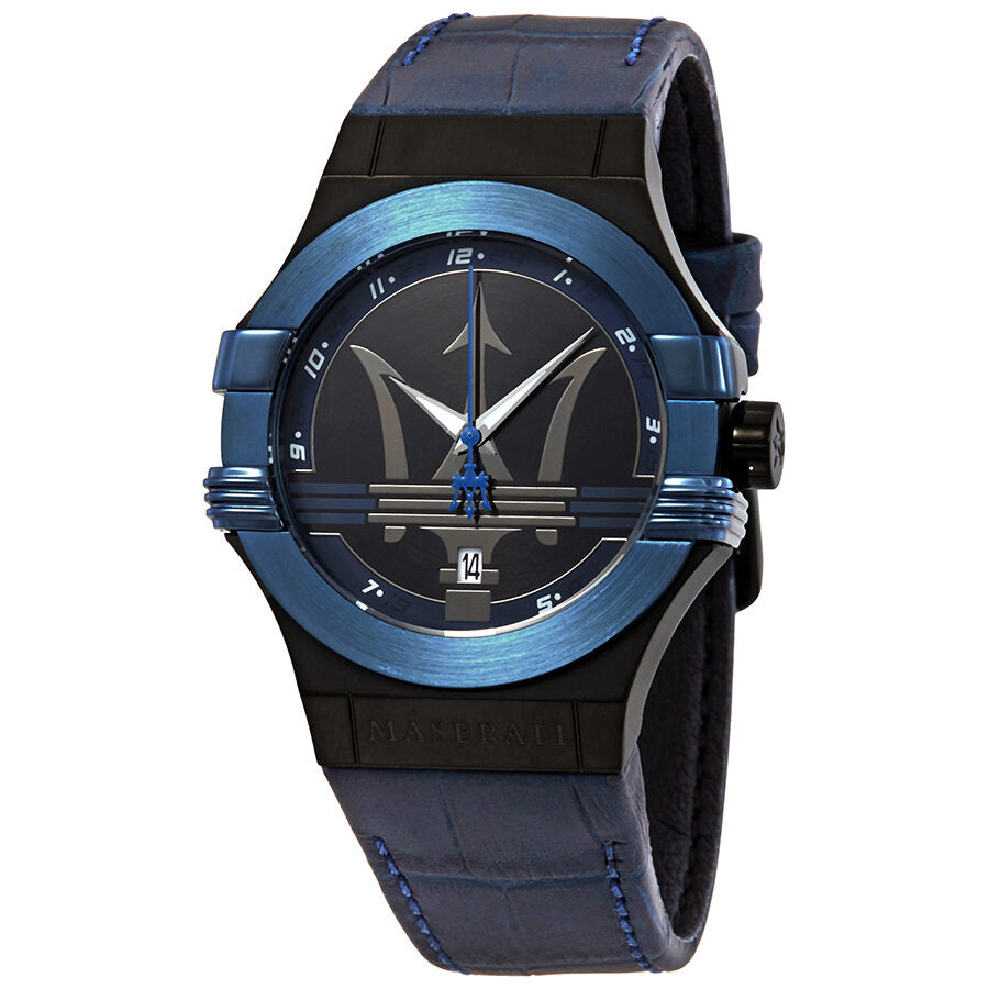 Maserati Potenza men's watch with blue dial, blue bezel, and blue leather strap