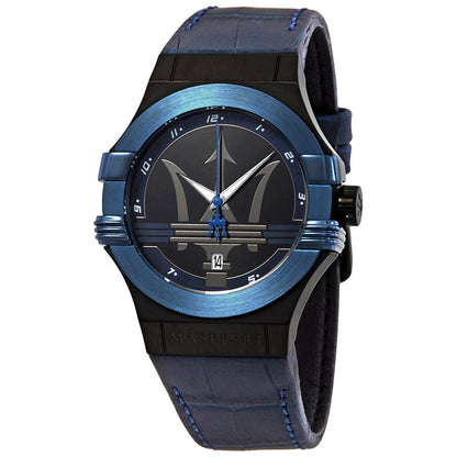Maserati Potenza men's watch with blue dial, blue bezel, and blue leather strap