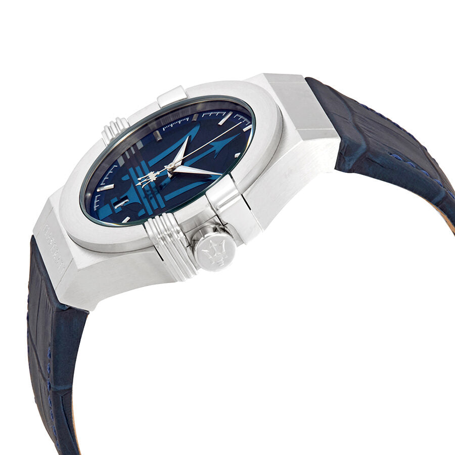 Three-quarter view of Maserati Potenza watch showing blue dial and white case