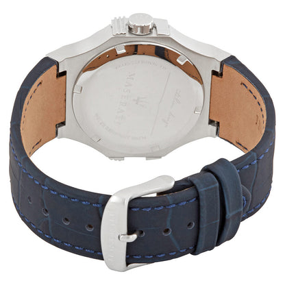 Maserati Potenza watch caseback showing silver case and blue leather strap with tan lining