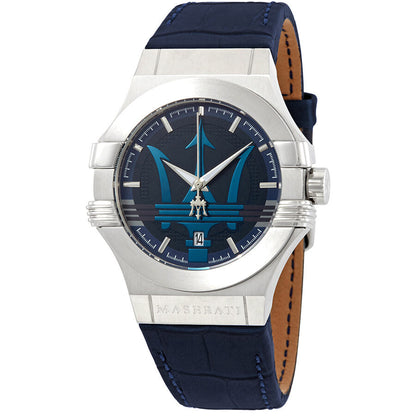 Maserati Potenza blue dial men's watch with silver case and blue leather strap