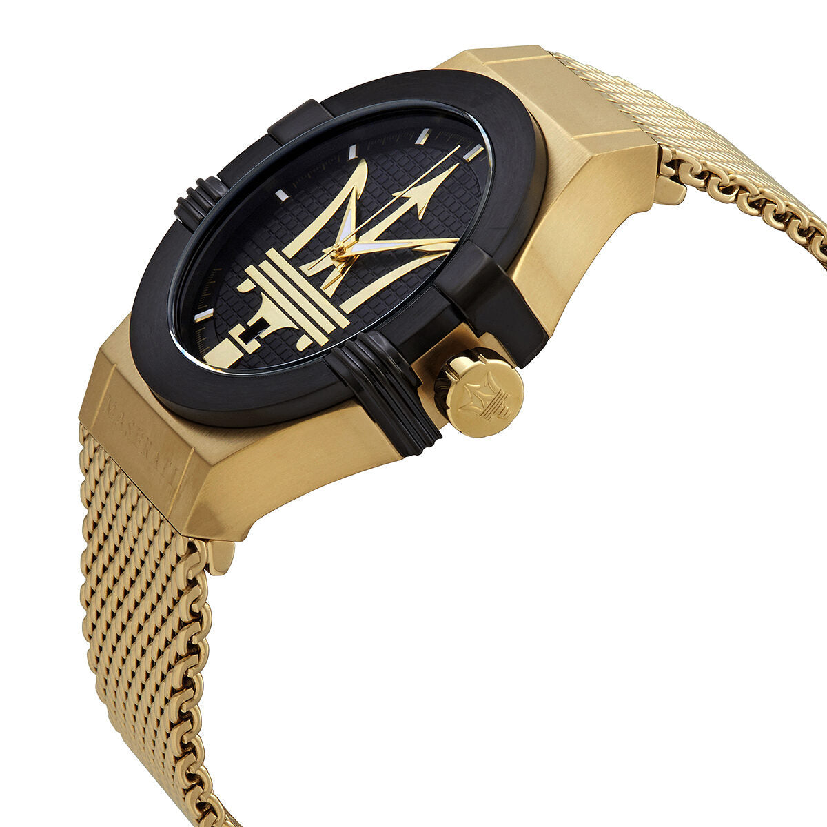 Angled side view of Maserati Potenza watch showing gold case, black bezel, and mesh bracelet