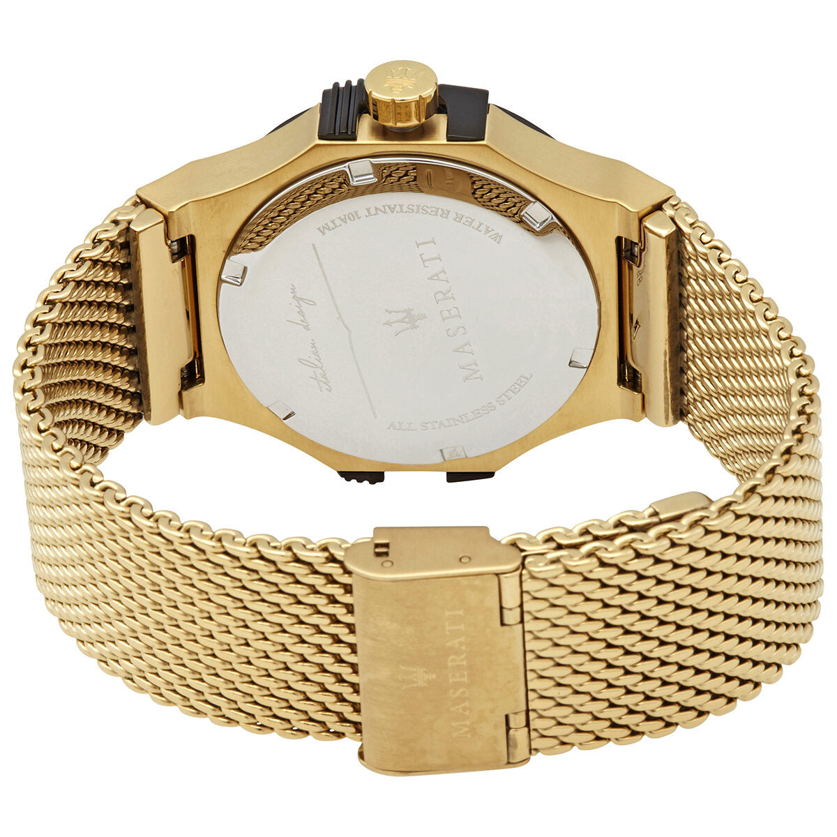 Maserati Potenza caseback showing gold-tone stainless steel case with mesh bracelet detail
