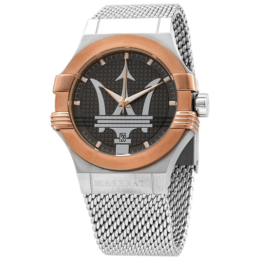 Maserati Potenza quartz watch with dark grey dial, rose gold bezel, trident logo, and steel mesh bracelet