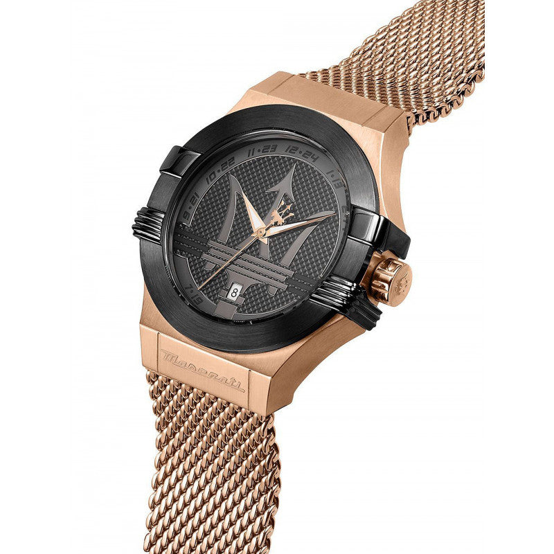 Maserati Potenza watch angled view showing rose gold mesh band and black dial