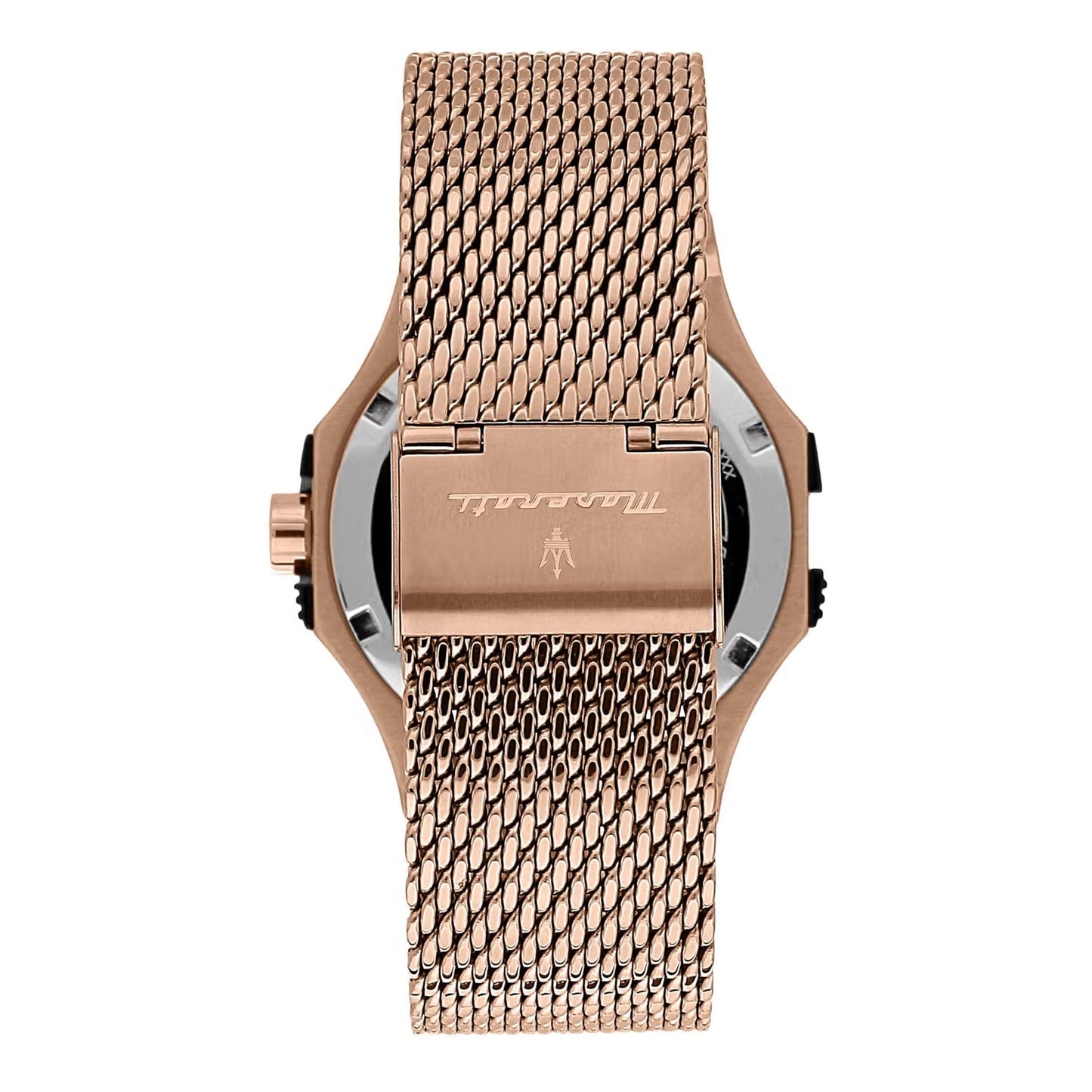 Maserati Potenza watch caseback and mesh bracelet detail with engraved branding