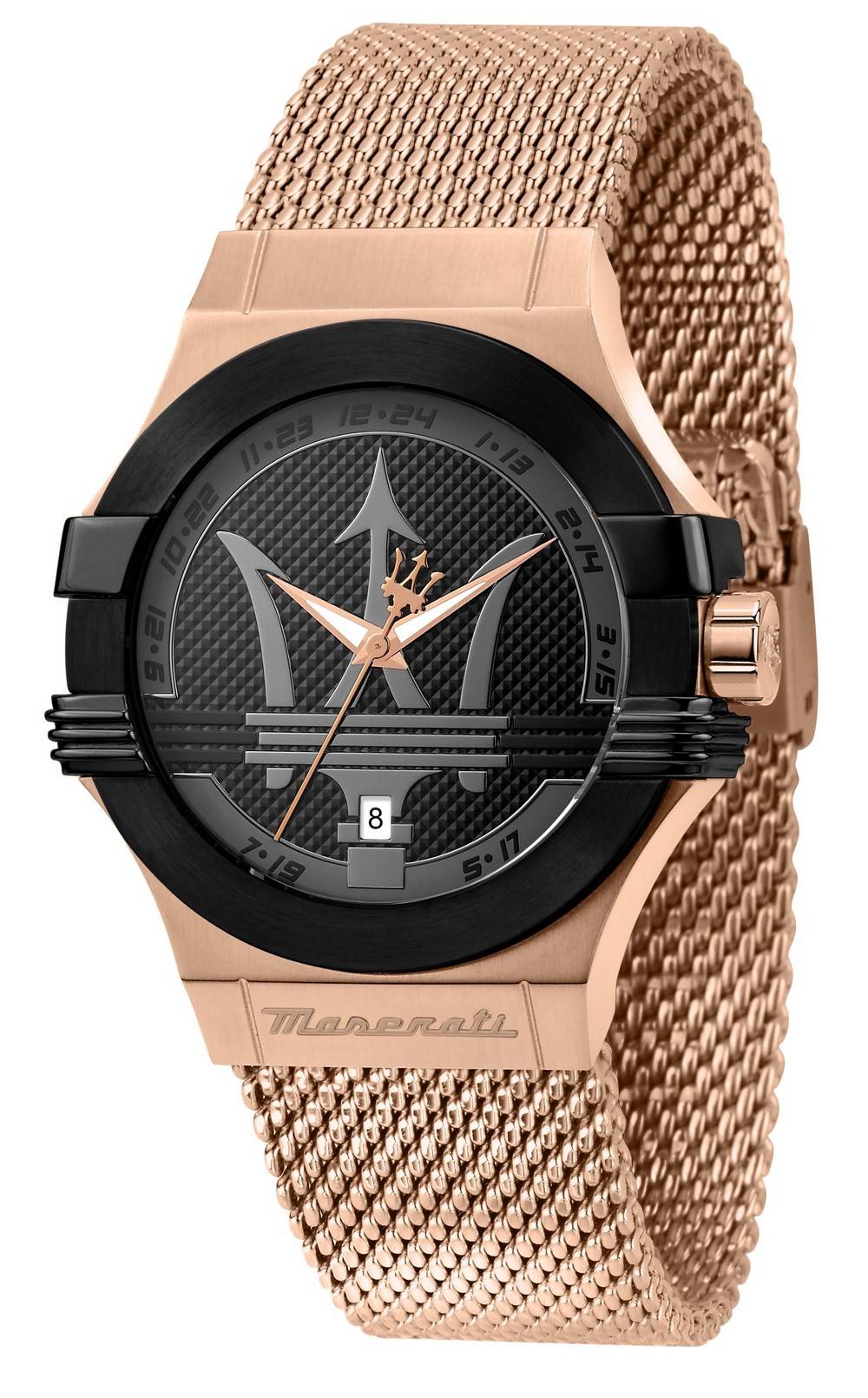 Maserati Potenza rose gold mesh bracelet watch with black dial and bezel