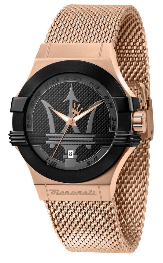Maserati Potenza rose gold mesh bracelet watch with black dial and bezel