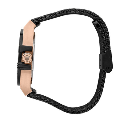 Maserati Potenza watch strap detail showing black mesh bracelet and rose gold clasp