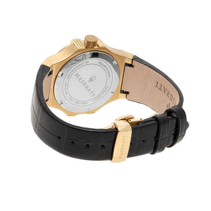 Maserati Potenza watch showing engraved caseback and black leather strap with gold clasp