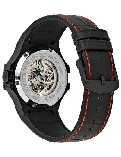 Maserati R8821108008 watch side view showing black leather strap with red stitching and caseback
