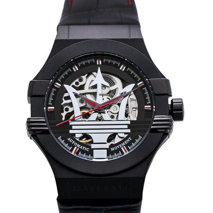 Maserati R8821108008 skeleton dial with visible automatic movement and red hands