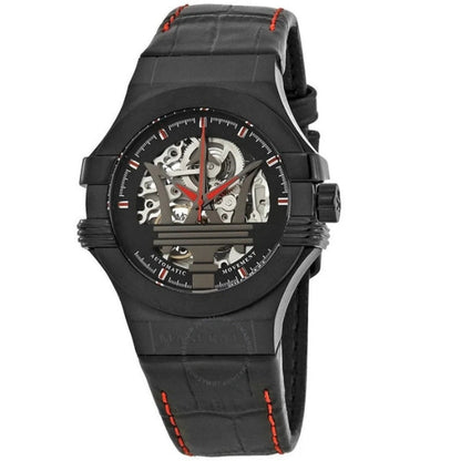 Maserati R8821108008 automatic skeleton watch with black dial and red accent hands