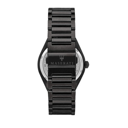 Caseback view of Maserati watch displaying stainless steel case back