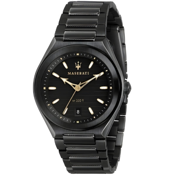 Maserati black dial men's watch with gold-tone hands and stainless steel bracelet