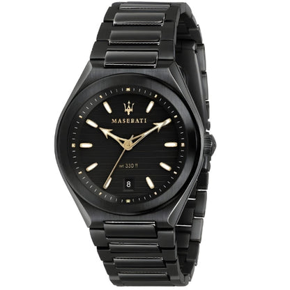 Maserati black dial men's watch with gold-tone hands and stainless steel bracelet