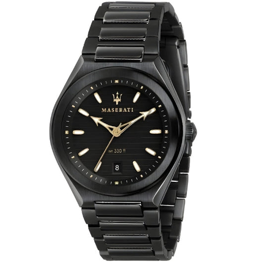Maserati black dial men's watch with gold-tone hands and stainless steel bracelet