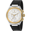 Maserati Triconic watch with two-tone steel and gold case, white chronograph dial, and black leather strap