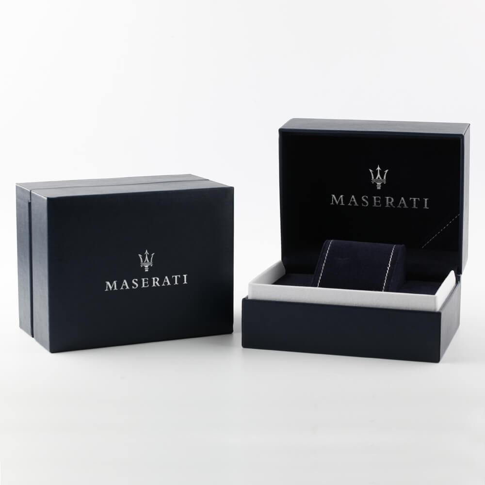 Maserati watch packaging showing black branded gift boxes with Maserati trident logo