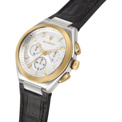Maserati Triconic watch angled view highlighting two-tone case, white dial, and black leather strap