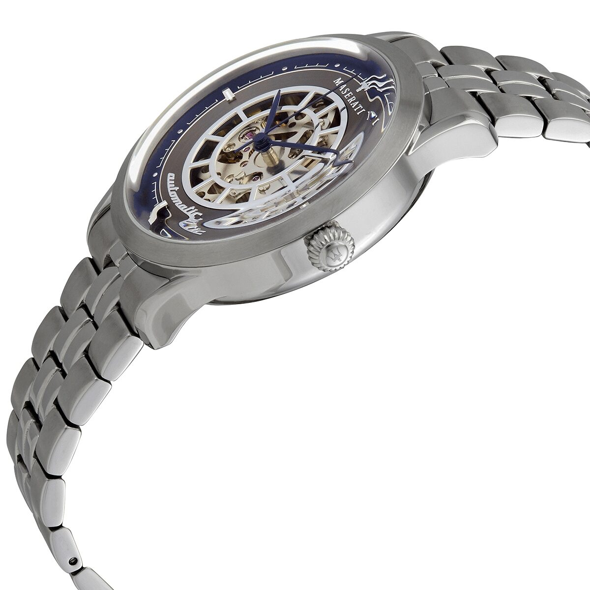 Side angle view of Maserati Ricordo skeleton dial watch with steel bracelet and blue bezel