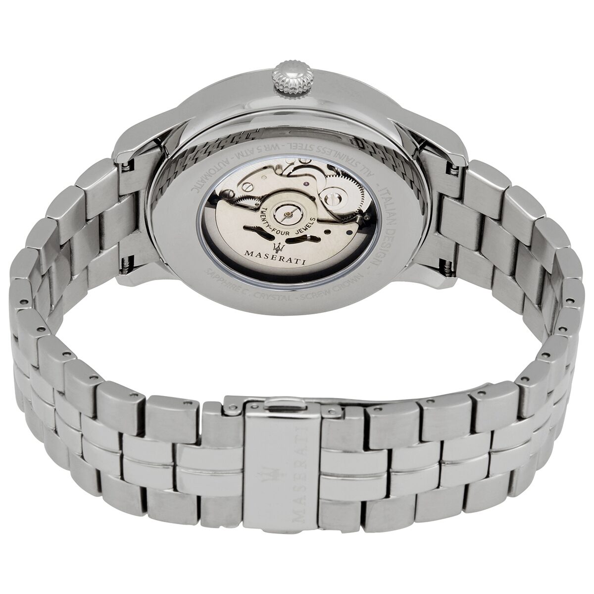 Caseback view of Maserati Ricordo automatic movement visible through crystal with steel bracelet