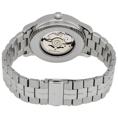 Caseback view of Maserati Ricordo automatic movement visible through crystal with steel bracelet