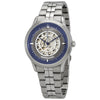 Maserati Ricordo automatic watch with grey skeleton dial, steel case, blue bezel, and metal bracelet