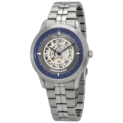 Maserati Ricordo automatic watch with grey skeleton dial, steel case, blue bezel, and metal bracelet