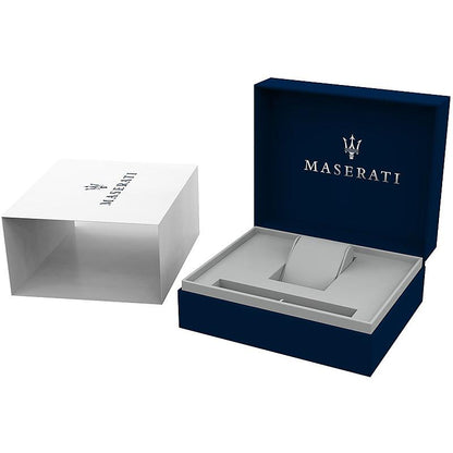 Maserati Ricordo watch presentation box with navy blue exterior and gray interior compartments