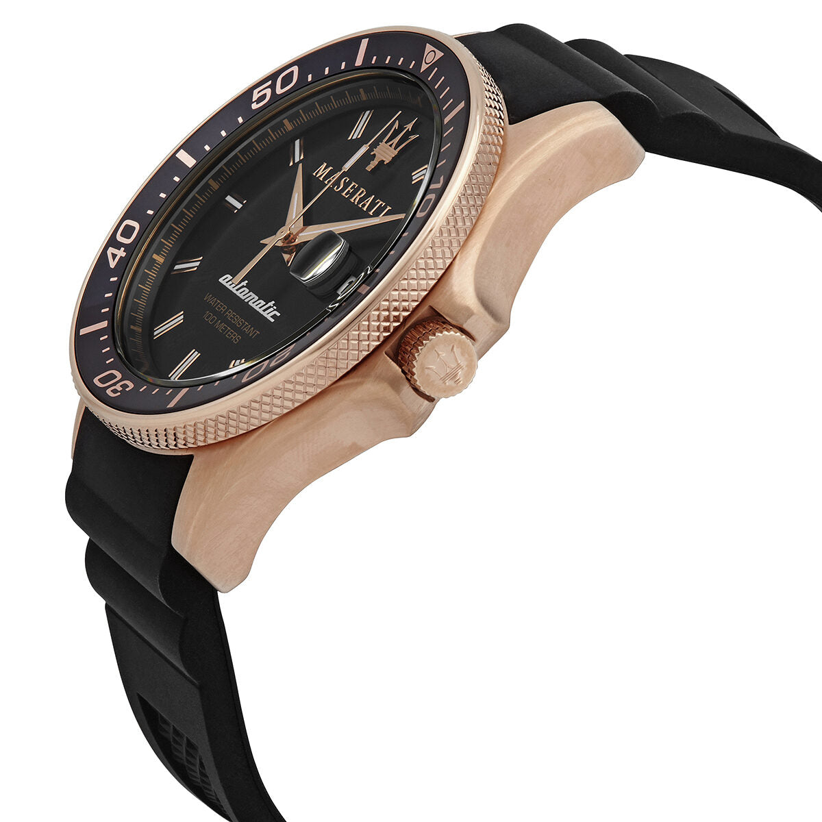 Maserati Sfida watch angled view showing rose gold case and black dial with Roman numerals