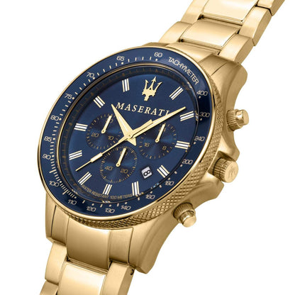 Angled view of Maserati Sfida chronograph with blue dial and gold-tone case