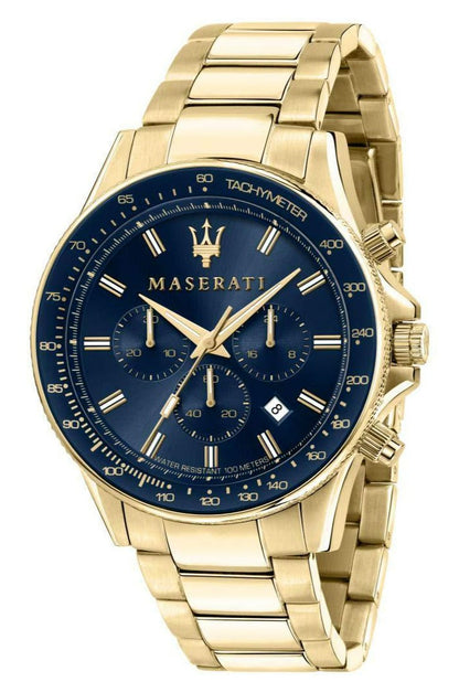 Maserati Sfida gold-tone chronograph watch with blue dial and tachymeter bezel