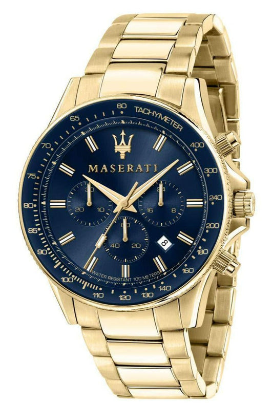 Maserati Sfida gold-tone chronograph watch with blue dial and tachymeter bezel