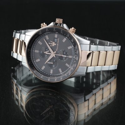 Maserati Sfida Chronograph black dial angle view with two tone metal bracelet