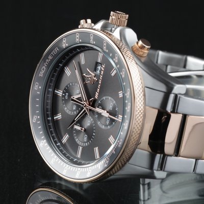 Maserati Sfida chronograph dial detail with subdials and rose gold accents