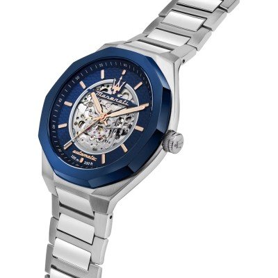 Maserati Stile skeleton watch side view showing two-tone stainless steel bracelet